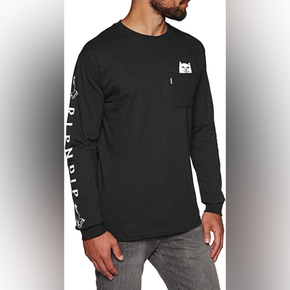 RIPNDIP Lord Nermal Black White Long Sleeve Graphic Black Tee Size Large